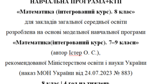 Навчальна програма та календарне планування з Математики(інтегрований курс) для 8 класу(4 год на тиждень), за модельною програмою О.Істера