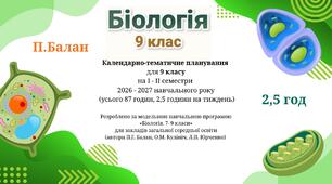 Календарно-тематичне планування (2,5 год). Біологія 9 клас НУШ (П.Балан)