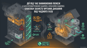 Дії під час виникнення пожеж у багатоповерховому будинку, власному будинку. Способи захисту органів дихання від чадного газу