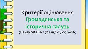 Нові критерії оцінювання результатів навчання для 5-9 класів. Громадянська та історична галузь  (відповідно до Наказу МОН України № 722 від 04.05.2026 )