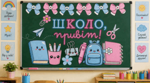 Оформлення дошки "Школо, привіт!" в рожевих та голубих кольорах!