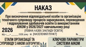 Наказ «Про визначення відповідальної особи та організацію технічного супроводу процесів зарахування, переведення і відрахування здобувачів освіти із використанням АІКОМ у 2026/2027 навчальному році»