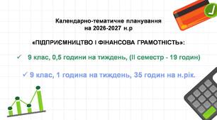 КТП 9 кл. Підприємництво і фінансова грамотність, 0,5 години (ІІ семестр - 19 годин) та 1 година/тиж. (35 годин на навчальний рік)