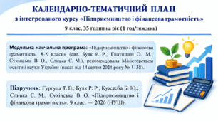 КТП «Підприємництво і фінансова грамотність», 9 кл. (1 год/тиждень) за модельною навчальною програмою Буяк Р. Р. з урахуванням змісту підручника Гургула Т. В., Буяк Р. Р.