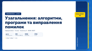 Узагальнення: алгоритми, програми та виправлення помилок (3 клас, ЯДС, Інформатика, Гільберг)