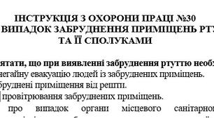 Інструкція з охорони праці Дії на випадок забруднення приміщень ртуттю  Та її сполуками