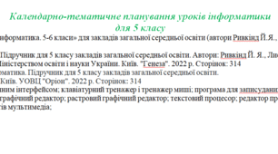 Календарно-тематичне планування, інформатика, 5 клас НУШ, (автори Ривкінд Й.Я., Лисенко Т.І., Чернікова Л.А., Шакотько В.В.)