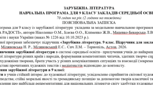 Навчальна програма (оновлено) із зарубіжної літератури 9 клас НУШ (70 год.) до підручника Міляновської Н.