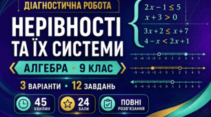 Діагностична робота № 2 з алгебри «Нерівності та їх системи». 9 клас НУШ. 3 варіанти. За модельною програмою А. Г. Мерзляка | 24 бали | відповіді та розв’язання