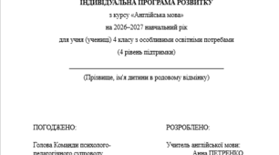 Індивідуальна програма розвитку з англійської мови для 4 класу 3 год/тиждень(ООП, 4 рівень підтримки, за підручником О. Карпюк) Адаптація