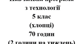 Календарно-тематичне планування Технології 5 клас НУШ Ходзицька І.Ю. на І та ІІ семестр 2026-2027 (хлопці)
