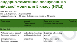Календарно-тематичне планування з  англійської мови для 5 класу 3,5 год 1 семестр (НУШ)
