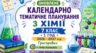 Оновлене Календарно-тематичне планування з хімії 7 клас Григорович, 1 год 2026-2027 н.р. з групами результатів та домашнім завданням