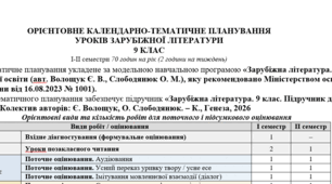 КТП (оновлене) із зарубіжної літератури 9 клас НУШ (70 год.) до підручника Волощук Є.