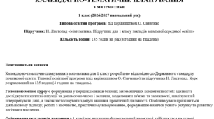 Календарно-тематичне планування з математики для 1 класу розроблено відповідно до Типової освітньої програми під керівництвом О. Савченко та з урахуванням змісту підручника Н. Листопад «Математика».