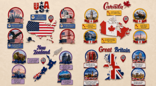 Куточки англомовних країн «USA, Canada, New Zealand, Great Britain» для оформлення кабінету англійської мови