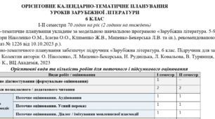 КТП (оновлене) із зарубіжної літератури 6 клас НУШ (70 год.) до підручника Ніколенко О.