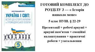 ГОТОВИЙ КОМПЛЕКТ ДО РОЗДІЛУ 3 — « Історія навколо мене» 5 клас НУШ. § 22-29 Презентації + робочі аркуші + аркуші пам'ятки + емоційні налаштування + практичні роботи + узагальнення