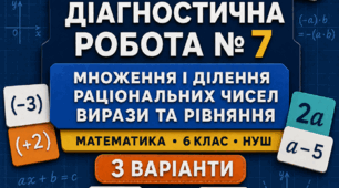 Діагностична робота № 7 з математики «Множення і ділення раціональних чисел. Вирази та рівняння». 6 клас НУШ. 3 варіанти. Авт. А. Г. Мерзляк, В. Б. Полонський, М. С. Якір