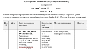 Індивідуальна навчальна програма (модифікована) з астрономії 11 клас (1 год. на тиждень)