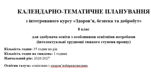 КАЛЕНДАРНО-ТЕМАТИЧНЕ ПЛАНУВАННЯ з інтегрованого курсу «Здоров’я, безпека та добробут» 8 клас для здобувача освіти з особливими освітніми потребами (інтелектуальні труднощі тяжкого ступеня прояву)