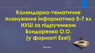 Календарне планування інформатика 5-7 кл НУШ за підручником Бондаренко О.О.(у форматі Exel)