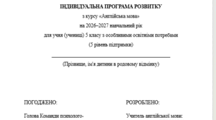Індивідуальна програма розвитку з англійської мови для 5 класу 3,5 год/тиждень(ООП, 5 рівень підтримки, за підручником О. Карпюк) Модифікація