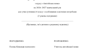 Індивідуальна програма розвитку з англійської мови для 6 класу 3,5 год/тиждень(ООП, 3 рівень підтримки, за підручником О. Карпюк) Адаптація