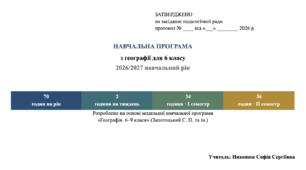 НАВЧАЛЬНА ПРОГРАМА з географії для 6 класу 2026/2027 навчальний рік автор Запотоцький (ЗА ОНОВЛЕНИМИ СТАНДАРТАМИ 2026р)