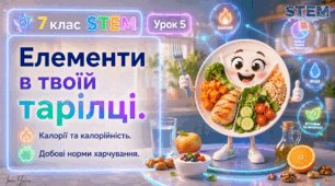 7 клас STEM Урок 5 Елементи в твоїй тарілці. Калорії та калорійність. Добові норми харчування. Презентація + Робочий аркуш + платформи розрахунку калорій + 2 робочі аркуш
