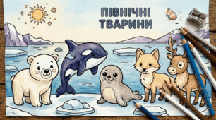 ❄️ Розмальовка «Північні тварини» з віршем та кольоровим зразком (для дітей 3–7 років)