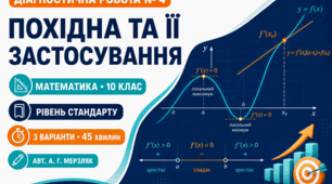 Діагностична робота № 4 з математики «Похідна та її застосування». 10 клас. Рівень стандарту. 3 варіанти. За підручником А. Г. Мерзляка