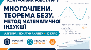 Контрольна робота № 3 з алгебри і початків аналізу «Многочлени. Теорема Безу. Метод математичної індукції». 10 клас. Профільний рівень. 3 варіанти. За підручником А. Г. Мерзляка.