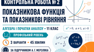 Контрольна робота № 2 з алгебри і початків аналізу «Показникова функція та показникові рівняння». 11 клас. Профільний рівень. 3 варіанти. За підручником А. Г. Мерзляка