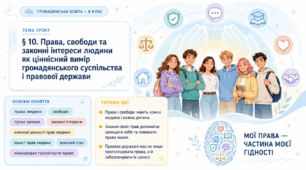 Громадянська освіта _8 клас НУШ Презентація + робочий аркуш + опорний конспект + емоційне налаштування § 10 Права, свободи та законні інтереси  людини як ціннісний вимір громадянського   суспільства і правової держави