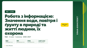План-конспект уроку «Робота з інформацією: Значення води, повітря і ґрунту в природі та житті людини, їх охорона» (3 клас, Я досліджую світ, Жаркова)