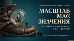 Джонатан Свіфт. «Мандри Лемюеля Гуллівера» (1 частина).  Образ Гуллівера як втілення концепції нової людини.  ГР 1. Публічний виступ. «Масштаб має значення: що є "маленьким" і "великим" у нашому житті