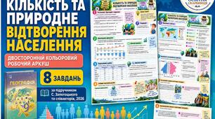 Кількість та природне відтворення населення — кольоровий двосторонній робочий аркуш, 9 клас НУШ за підручником С. Запотоцького, 2026