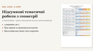 Геометрія 9 клас НУШ (Істер) · Усі підсумкові тематичні (контрольні) + річна — 6 робіт, 4 варіанти з відповідями