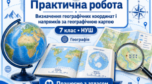 Практична робота. Визначення географічних координат і напрямків за географічної картою. НУШ 7 клас
