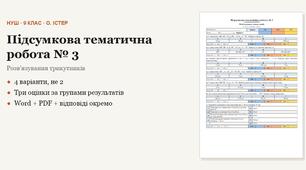 Геометрія 9 клас НУШ (Істер) · Підсумкова тематична (контрольна) робота № 3 — Розв’язування трикутників · 4 варіанти з відповідями