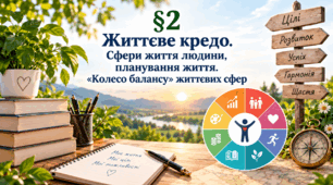 Презентація на тему: "§ 2. Життєве кредо. Сфери життя людини, планування життя." за підручником Здоров'я, безпека та добробут Поліщук Н.М. 9 клас.