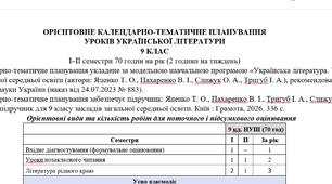 КТП (оновлено) з української літератури для 9 класу НУШ (70 год.) до підручника Яценко Т. О. та ін.