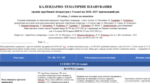 Орієнтовне КАЛЕНДАРНО-ТЕМАТИЧНЕ ПЛАНУВАННЯ уроків зарубіжної літератури у 5 класі на 2026–2027 навчальний рік 35 годин, 1 година на тиждень
