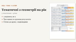 Геометрія 7 клас НУШ (Істер) · Усі підсумкові тематичні (контрольні) + річна — 6 робіт, 4 варіанти з відповідями