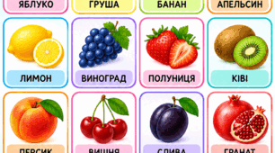 Яскравий навчальний постер та розмальовка «Фрукти — їх я знаю!»
