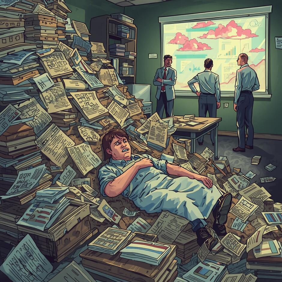 Editorial illustration of a stressed school cook in a simple apron trapped in a chaotic old school kitchen, buried under a landslide of bureaucratic paperwork, checklists, and charts. In the background, modern office experts in premium suits are looking at a glowing PowerPoint presentation with pink clouds and futuristic sketches, completely detached from reality. Satirical art style, vivid colors, highly detailed, vector art influence, dramatic composition --ar 16:9