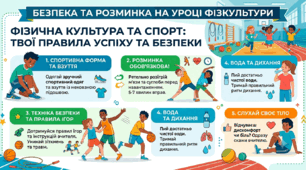Яскрава інфографіка «5 правил успіху та безпеки на уроці фізкультури» (Пам'ятка для учнів + оформлення кабінету)