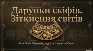 Іван Білик «Дарунки скіфів».  Контраст образів перських і скіфських воїнів. Мудрість і поміркованість скіфів у протистоянні з багатотисячним військом.