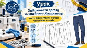 Здiйснювати догляд за швейним обладнанням; вміти виконувати ескізи чоловічих штанiв